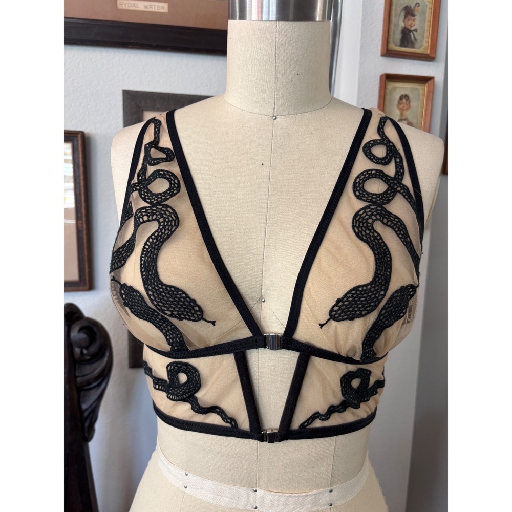 Thistle & Spire Medusa Bralette Black Tan Snake Embroidery Mesh Longline Medium